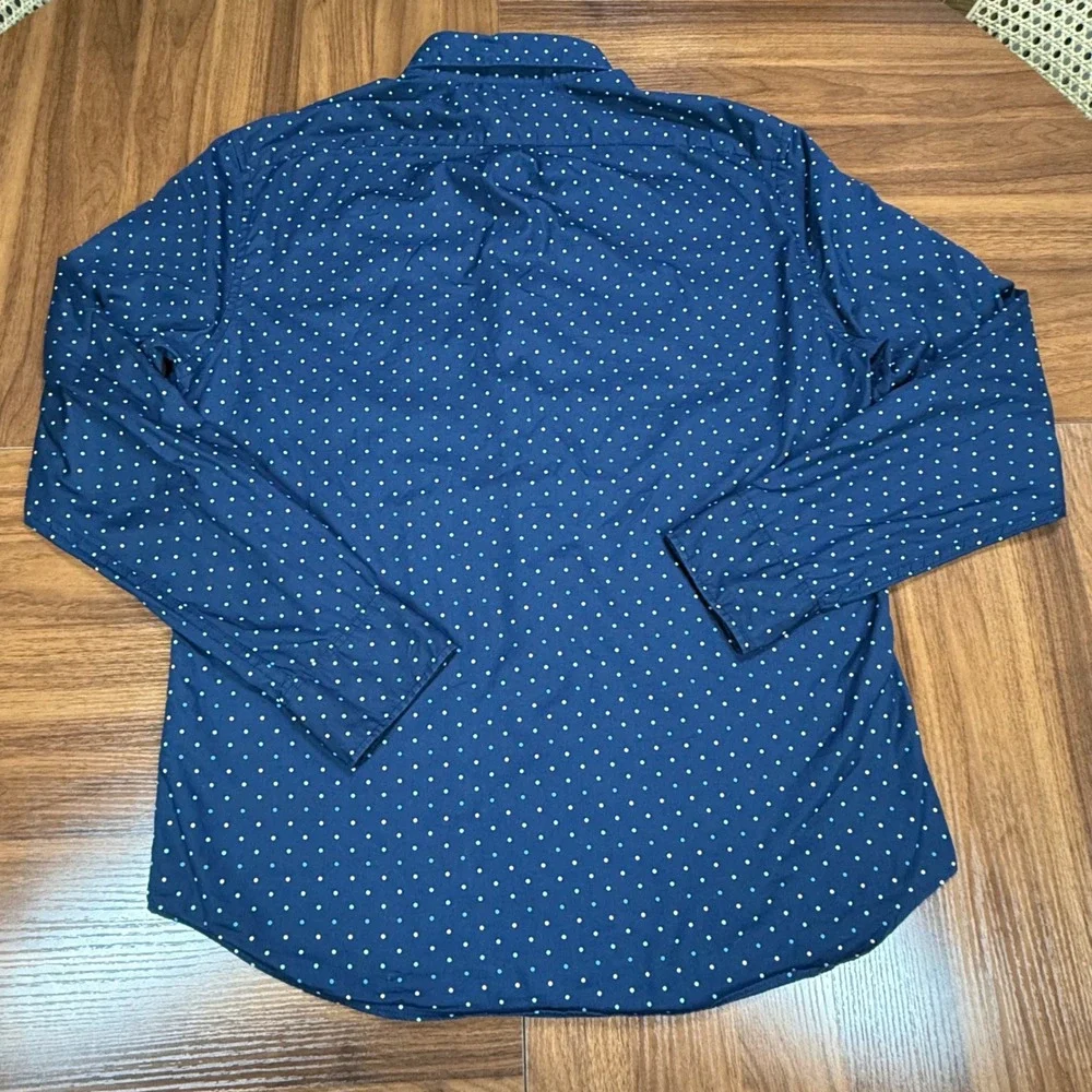 J. Crew Slim Untucked Secret Wash Shirt Navy Blue Polka Dot Organic Cotton Men M